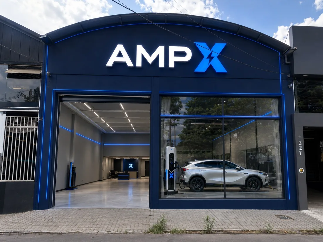 Fachada de uma unidade AMPX, com eletroposto e veículo elétrico em exposição